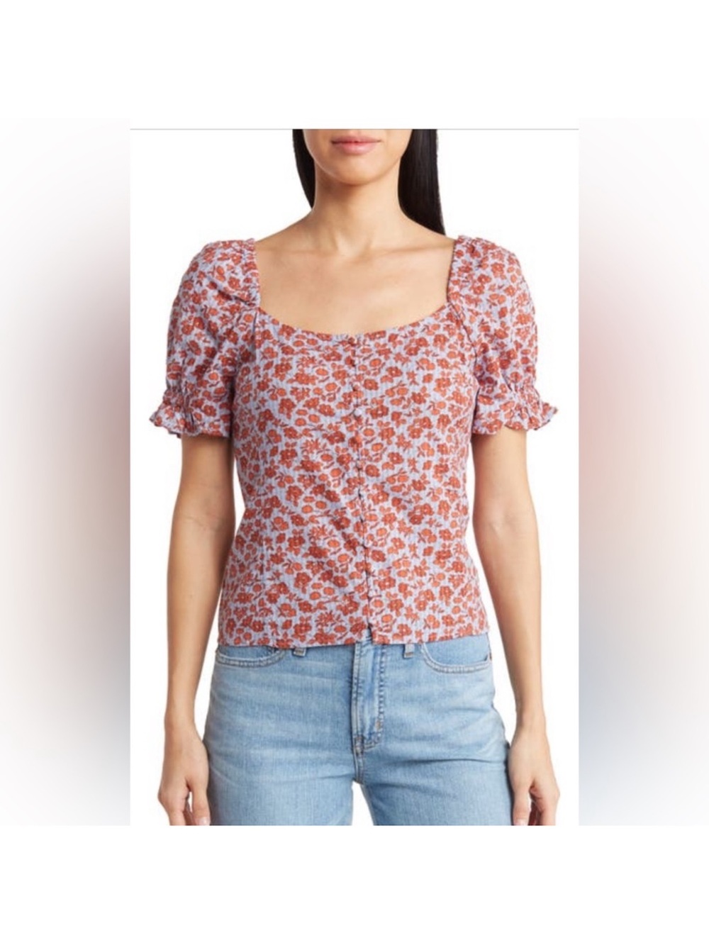 Madewell Rust Floral Puff-Sleeve Square Neck Top on Blue